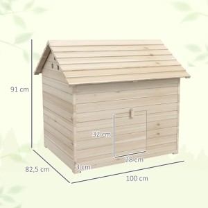 Helles Entenhaus aus Tannenholz mit schrägem, aufklappbarem Dach, erhöhter Boden, Rampe, Maße 100x82,5x91 cm.
