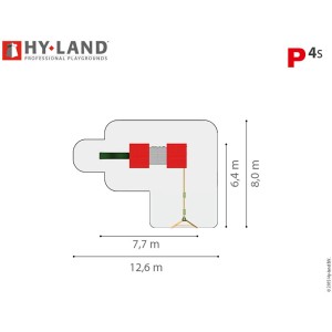 Draufsicht Hy-Land Spielgerät P4S mit Maßen: Rutsche, Doppelschaukel, Premium Douglasie.