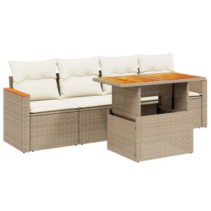 Beige 5-tlg. Garten-Sofagarnitur mit Tisch und Kissen aus Poly Rattan.