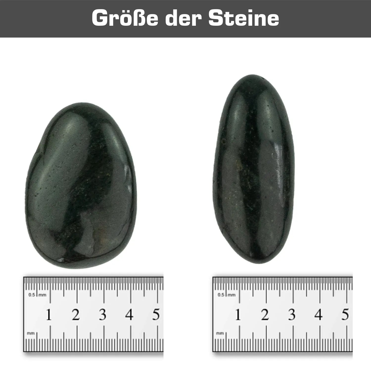 Zwei polierte, schwarze Zierkiesel (3-5 cm) mit Größenangabe. Ideal als Deko-Kies für den Garten.