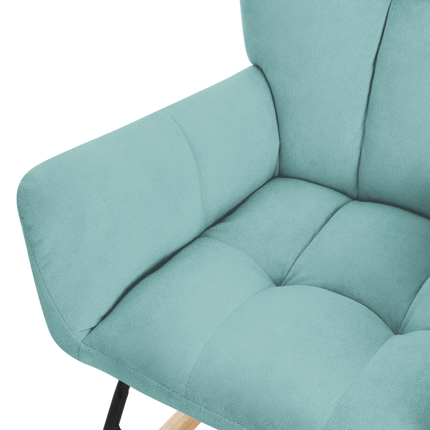 Detailansicht: Salbeifarbener ML-Design Schaukelsessel mit Frottee-Bezug und Polsterung.