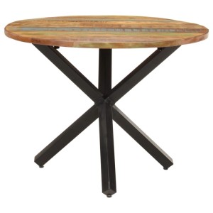 Runder Esstisch aus massivem Altholz mit farbiger Oberfläche und schwarzem Stahlgestell. 100 cm Durchmesser.