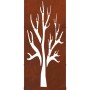 Rostbraunes Paneel aus wetterfestem Stahl mit ausgeschnittener Baum-Silhouette. Zubehör für Brennholzregal & Kamine.
