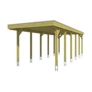 Skan Holz Einzelcarport Friesland mit Flachdach und Aluminiumplatten, Holzkonstruktion.