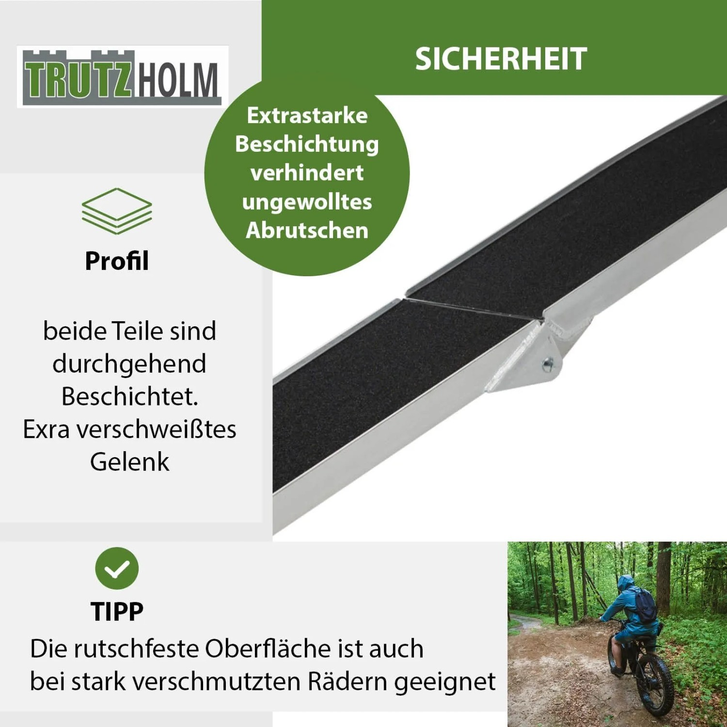 Detailansicht der klappbaren TRUTZHOLM Auffahrrampe mit rutschfester Beschichtung. Zubehör für Autoanhänger.