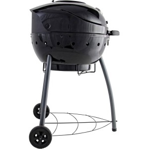 Schwarzer Char-Broil Kettleman Holzkohlegrill mit Deckelthermometer und Ascheauffangbehälter.
