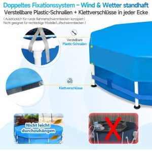 Blaue Sekey Poolabdeckung 457cm für Rundpools mit Befestigungsdetails.