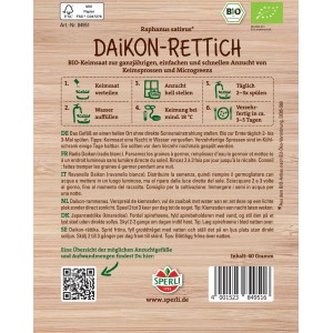 Sperli Bio Keimsprossen-Saat Daikon-Rettich Packung mit Anzuchtanleitung.