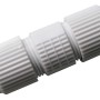 Weißer Schwaiger Koax-Kabelverbinder aus Kunststoff und Metall für Antennenkabel.