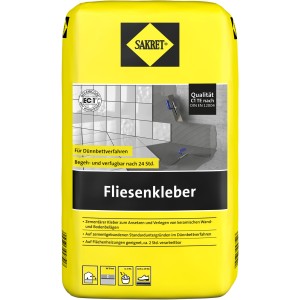 Sack Sakret Fliesenkleber Grau 20 kg, geeignet für Wand- und Bodenfliesen im Innen- und Außenbereich.