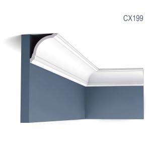 Weiße ORAC DECOR CX199 AXXENT Eckleiste/Zierleiste (2m) an einer blauen Wand.
