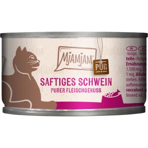 MjAMjAM Katzen-Nassfutter Saftiges Schwein pur, 100g Dose mit Katzenmotiv.