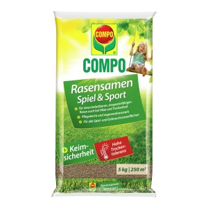 Compo Rasensamen Spiel & Sport, 5 kg Packung für strapazierfähigen Gebrauchsrasen.