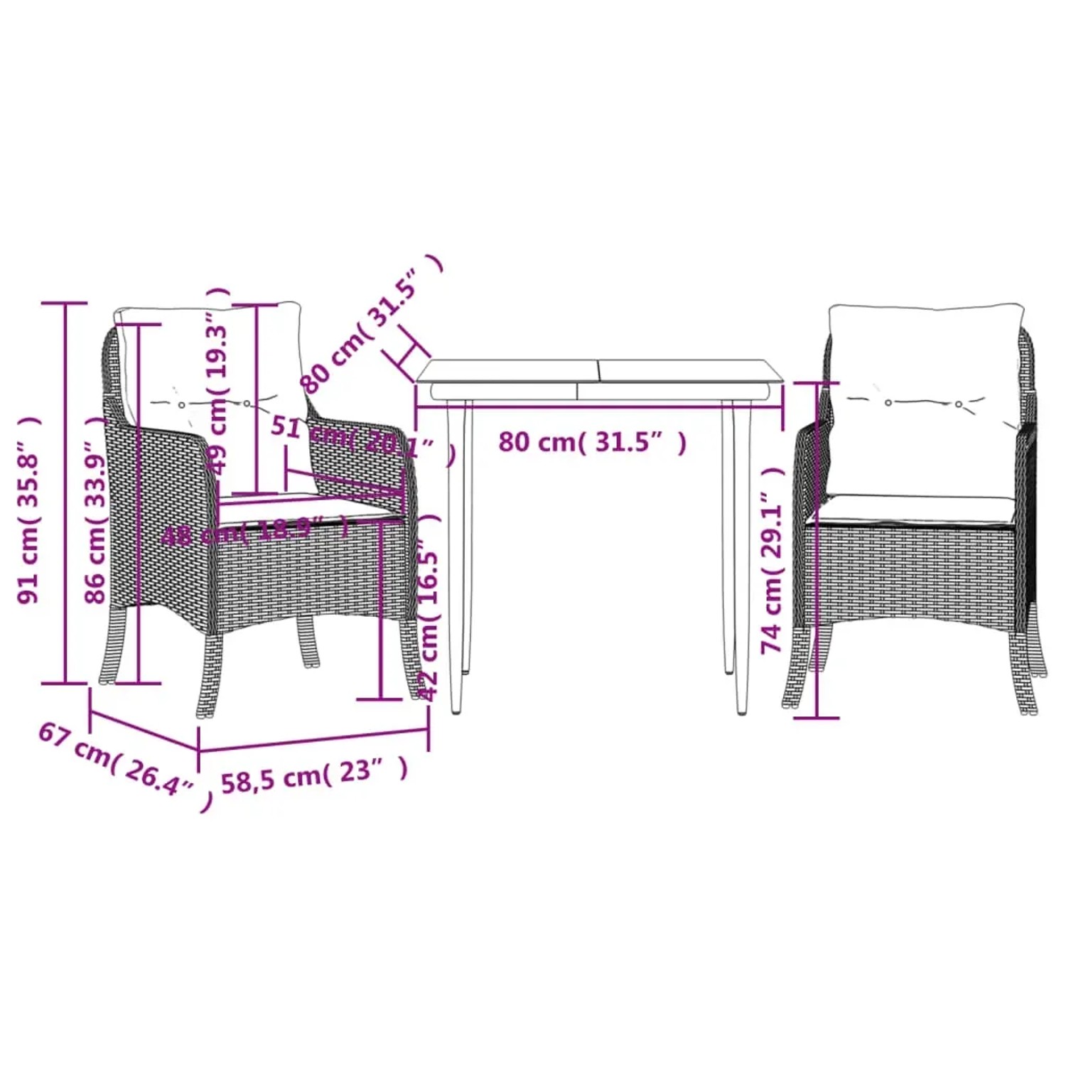 vidaXL 3-Tlg. Garten-Essgruppe mit Maßen, bestehend aus Tisch und zwei Stühlen mit Kissen.