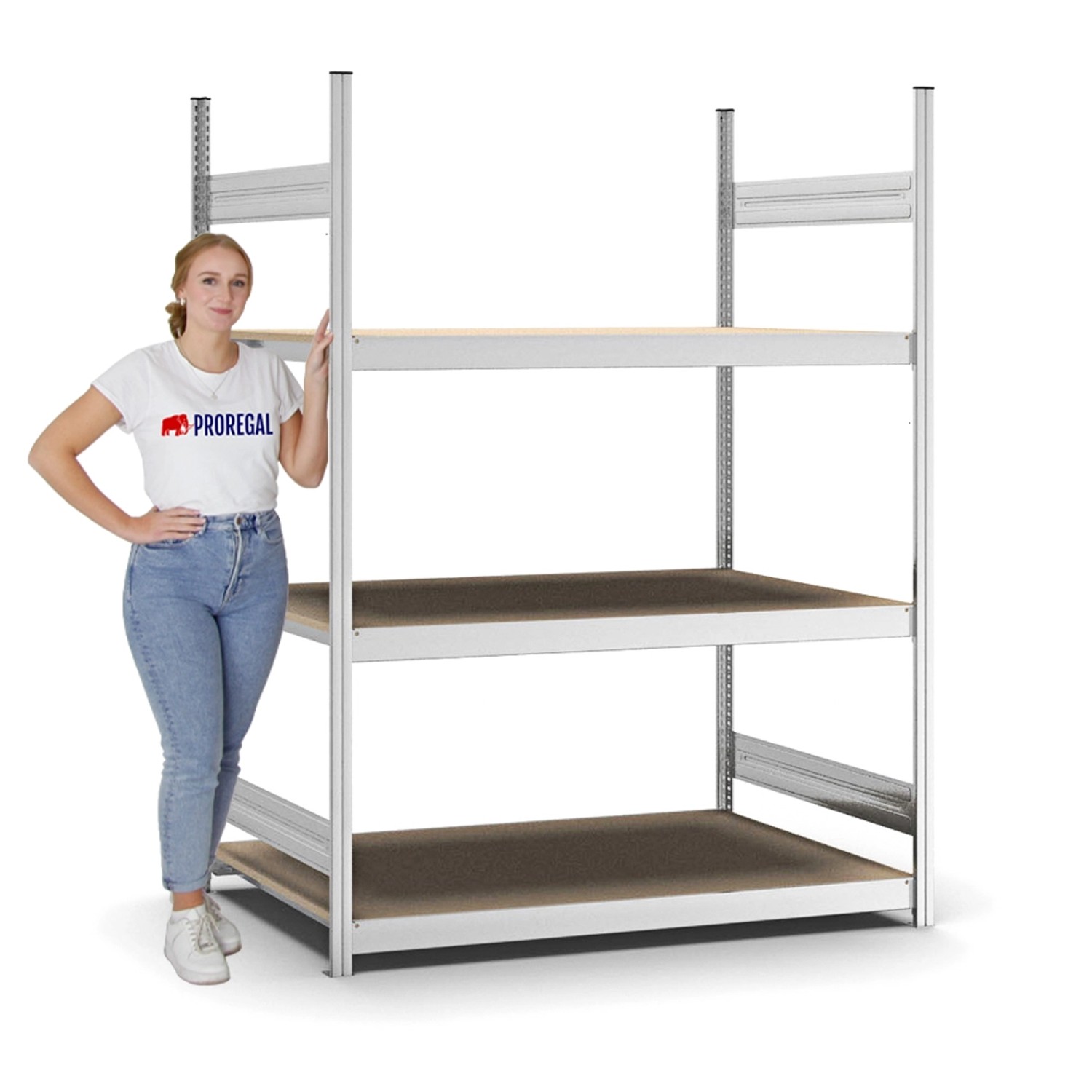 Verzinktes PROREGAL Weitspannregal mit 3 Spanplatten-Ebenen, Fachlast 350 kg, H200xB150xT80 cm.