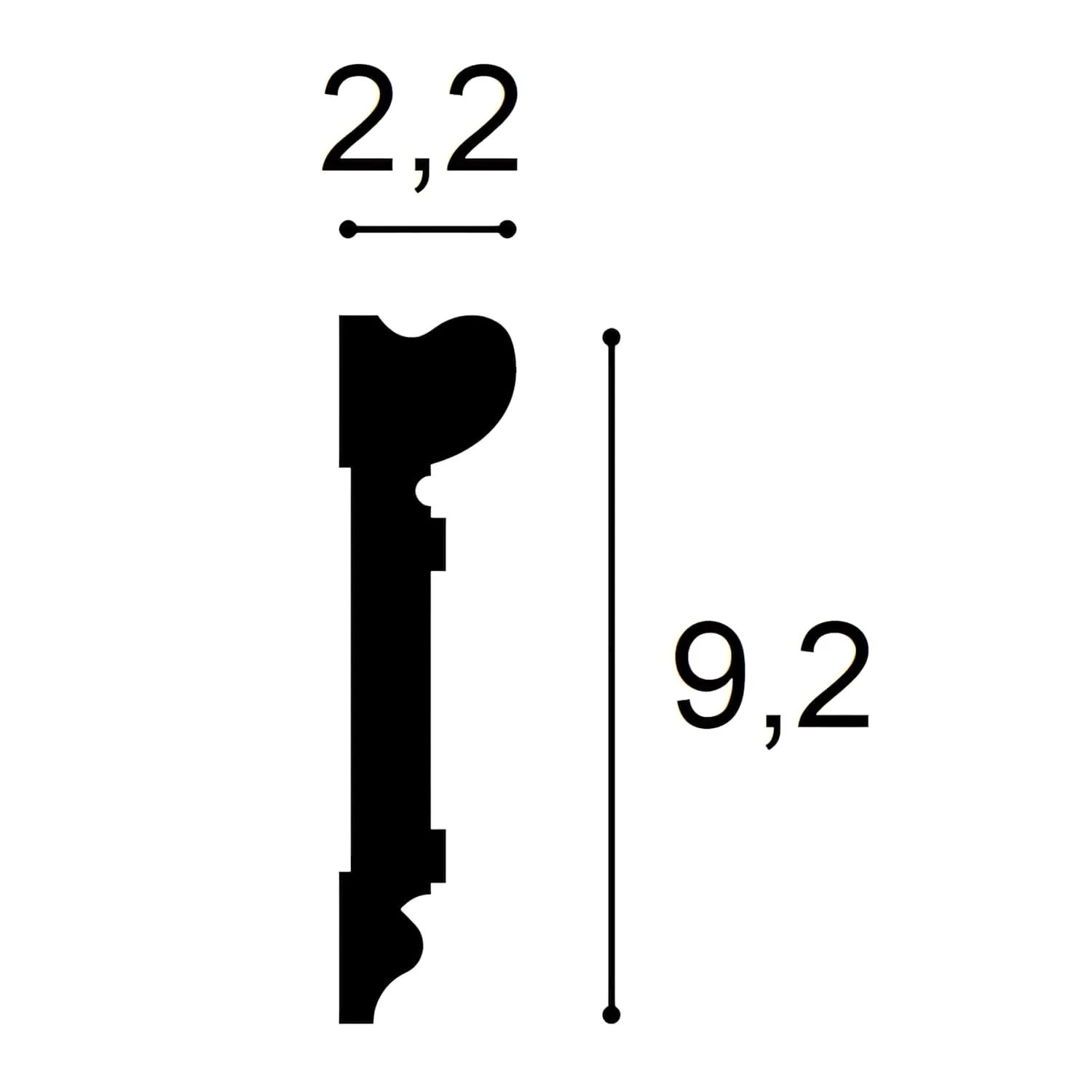 Abbildung einer ORAC DECOR Zierleiste DX119-2300 mit Maßangaben (2,2 x 9,2 cm).