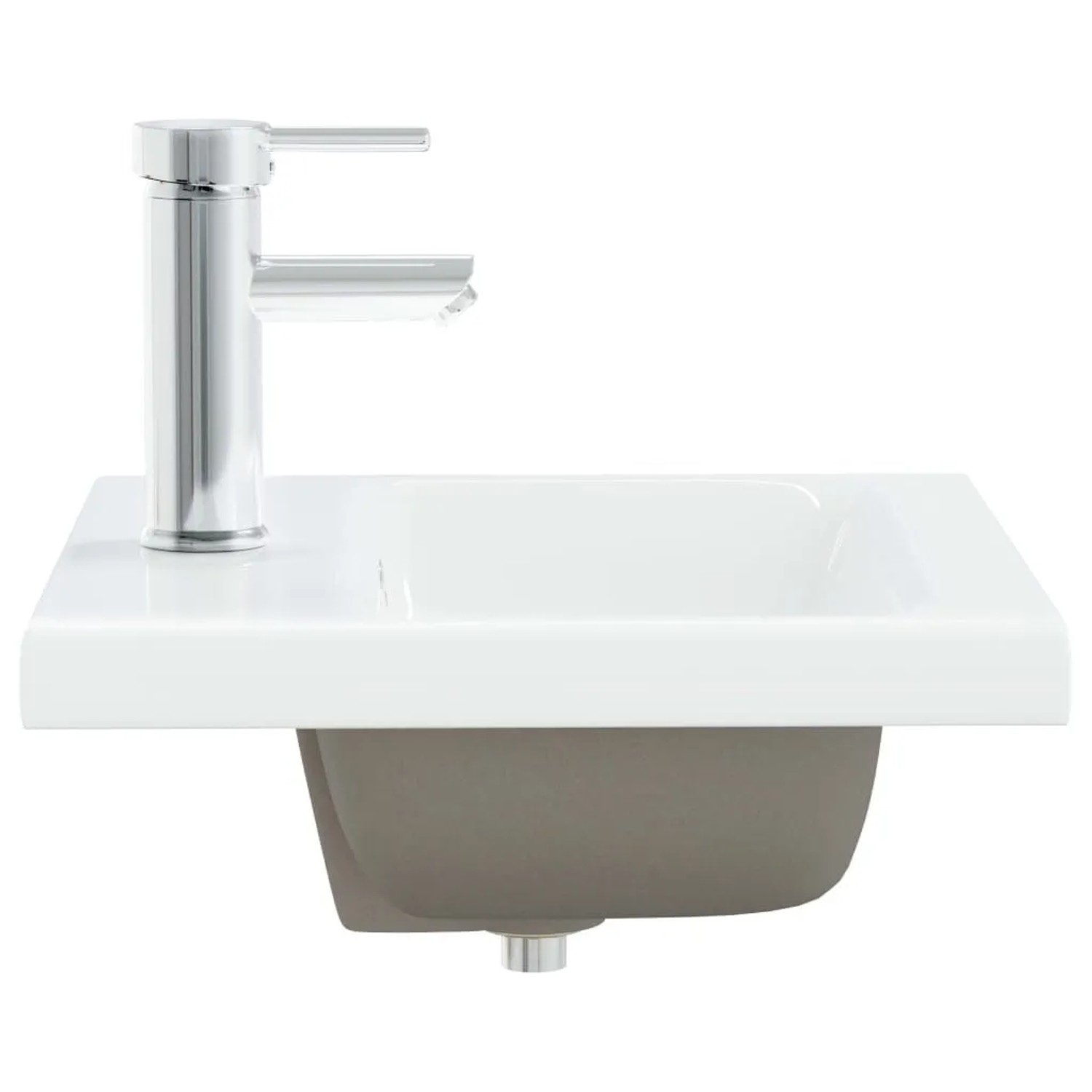 Weißes Keramik Einbauwaschbecken mit modernem Chrom-Wasserhahn. Ideal für Badezimmer, 42x39x18 cm.