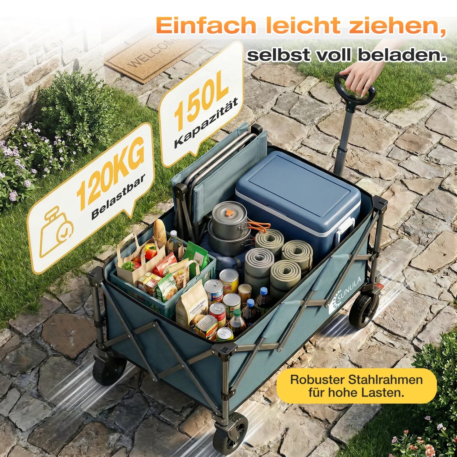 Grüner Sunula Bollerwagen, faltbar, mit Campingausrüstung beladen. Tragkraft 120kg.