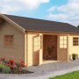 Lasita Maja Gartenhaus Caroline Set, naturbelassenes Holz mit Satteldach und geöffneten Doppeltüren.