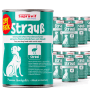 12er Pack Supravit Hundenassfutter mit Straußenfleisch. Grüne Dosen mit Hundemotiv und Strauß-Symbol für Premium Nassfutter.
