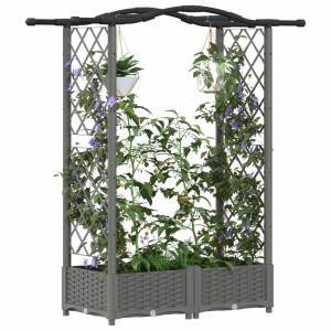 Hellgraues vidaXL Hochbeet aus PP mit Rankgitter, Dach und geflochtener Optik. Ideal für Kletterpflanzen im Garten.