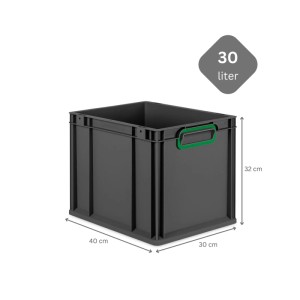 PROREGAL Eurobox 30L, schwarz mit grünen Griffen und Auflagedeckel. Aufbewahrungsbox / Transportbox.