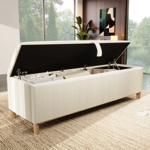 Beige Merax Bettbank aus Cord mit offenem hydraulischem Stauraum. Ideal als Sitzbank und für Ordnung im Schlafzimmer.