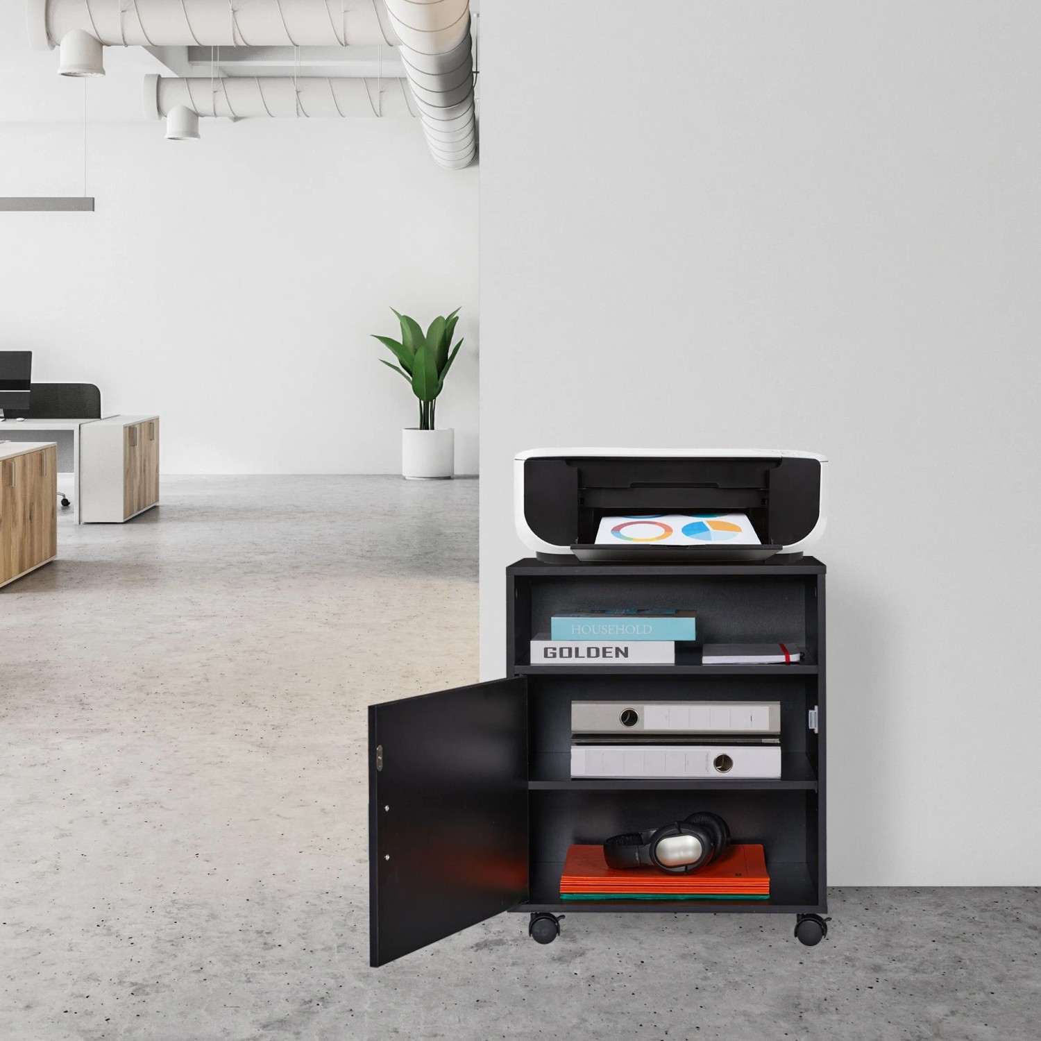 Relaxdays Rollcontainer Spanplatte Kunststoff Schwarz mit 3 Fächern 57 cm x 48 cm x 34 cm 10,5 kg_2
