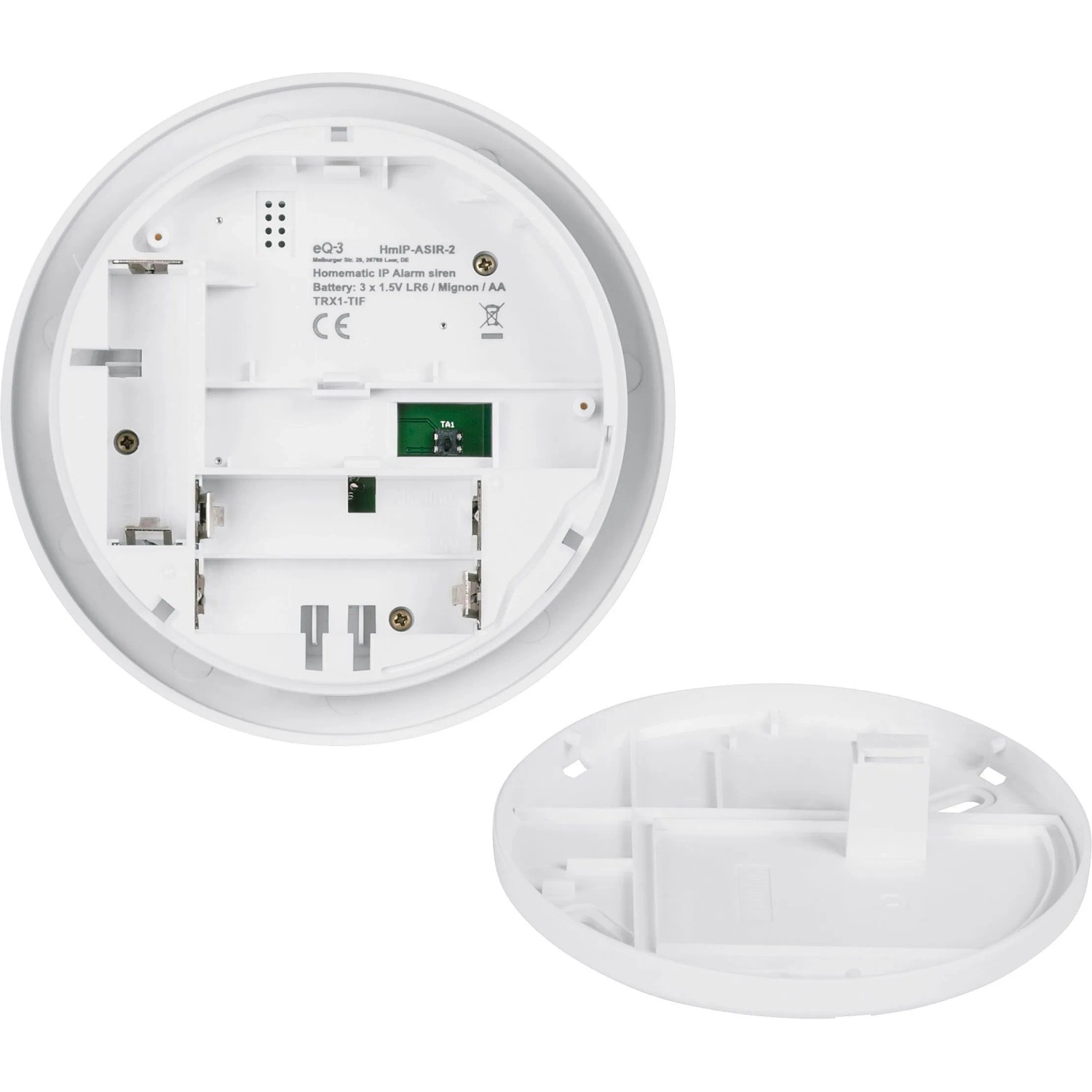 Homematic IP Alarmsirene für Innenräume, weiße Innenseite mit Batteriefach und abgenommener Abdeckung.