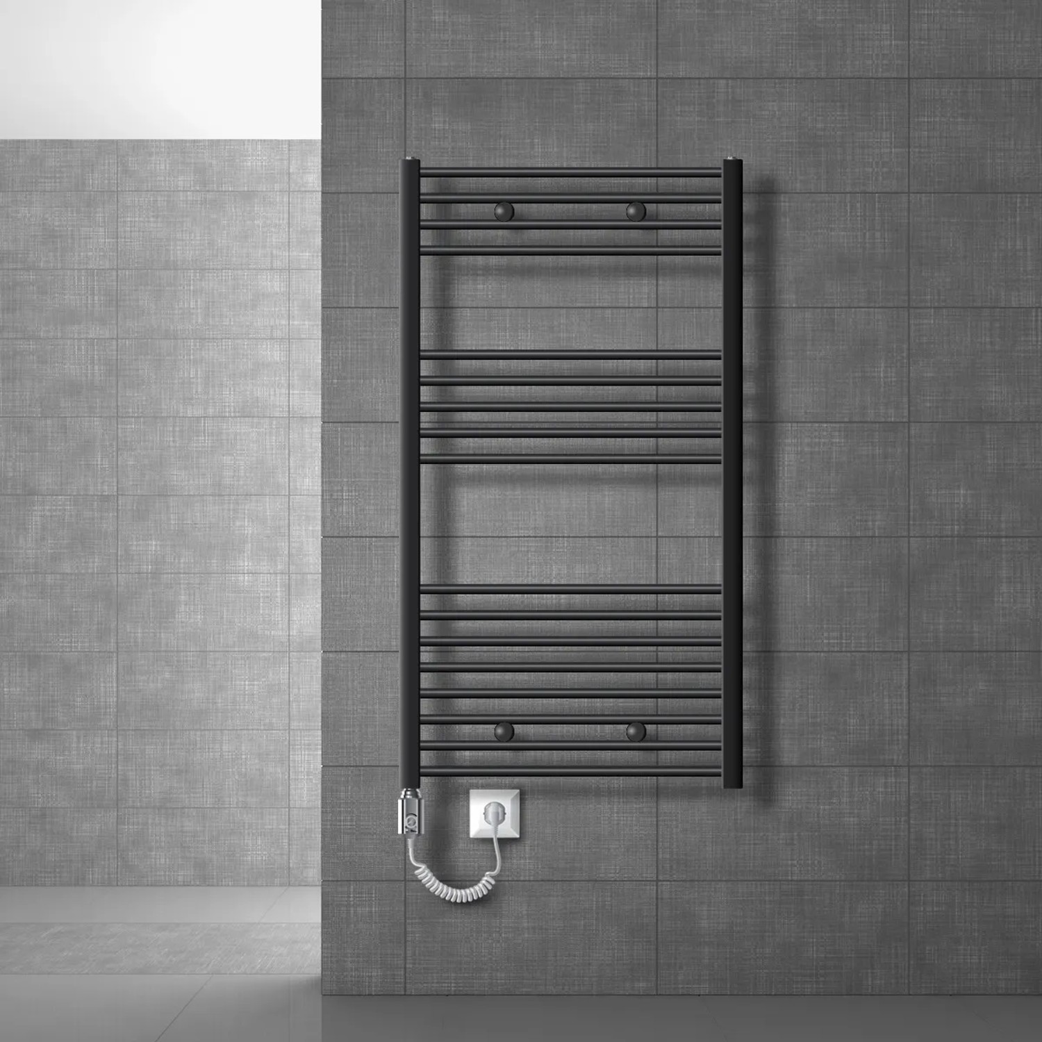 Anthrazitfarbener ECD Germany Badheizkörper elektrisch, 750x1200mm mit 900W Heizstab.