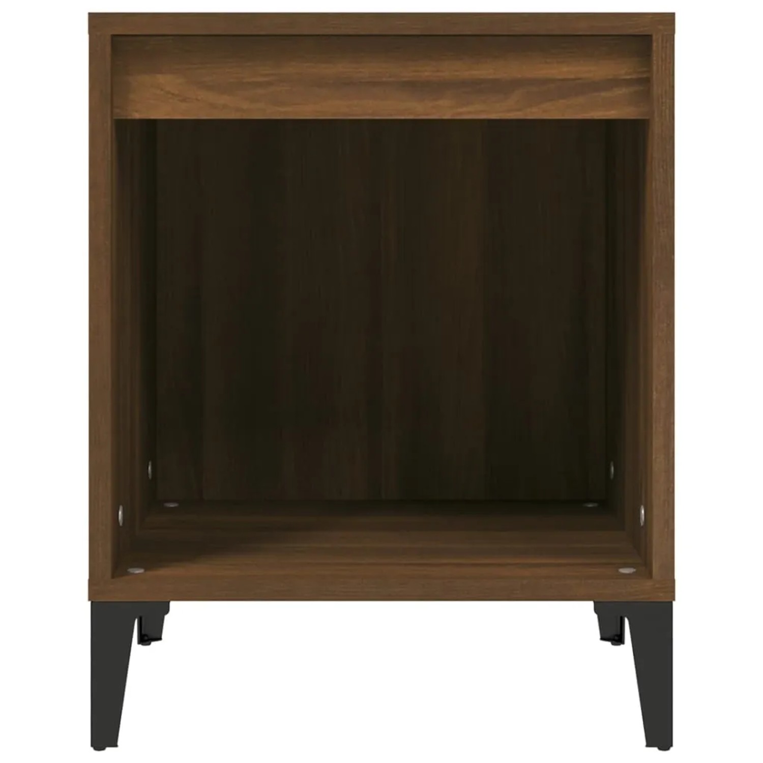 Nachttisch in Braun Eichen-Optik, 40x35x50 cm, mit offenem Fach und schwarzen Füßen.