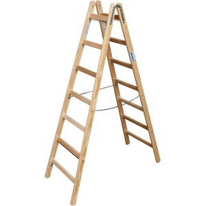 Krause Doppel-Holzleiter mit 2x7 Sprossen und Spreizsicherung.