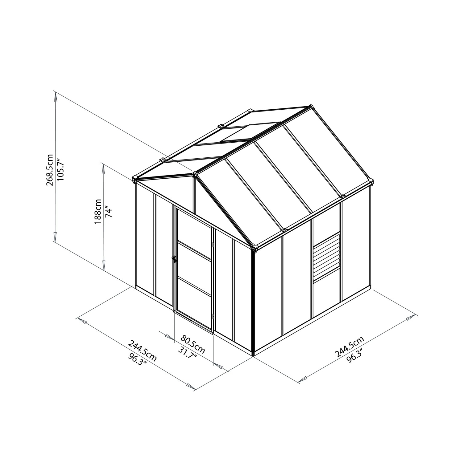 Technische Zeichnung: Palram Canopia Glory Gewächshaus 2.4x2.5m, Anthrazit, mit Maßen.
