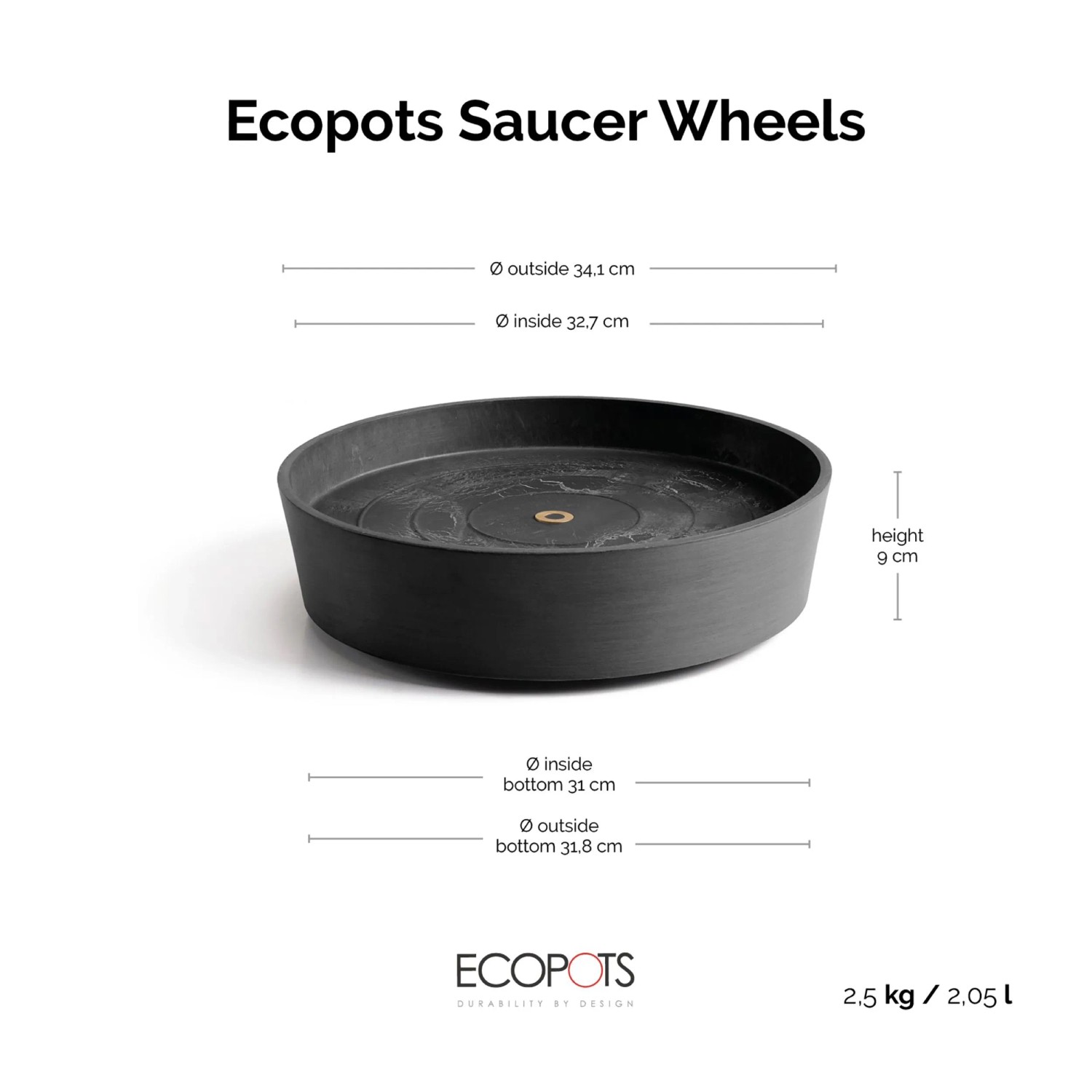 Dunkelgrauer Ecopots Untersetzer Amsterdam Rollen, 34,1 cm, mit integrierten Rädern.