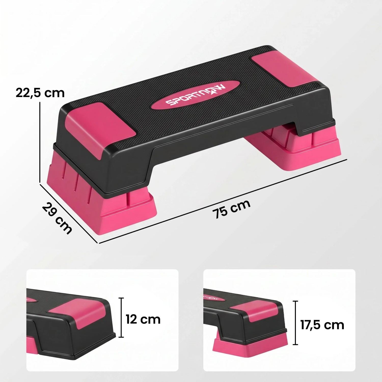 SPORTNOW Aerobic Stepper, schwarz-rosa, höhenverstellbar (12-22,5 cm), rutschfeste Oberfläche, 75x29 cm.