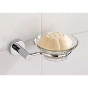 Wenko Power-Loc Seifenablage Elegance, Chrom, mit Seife in Glasschale an Wand.