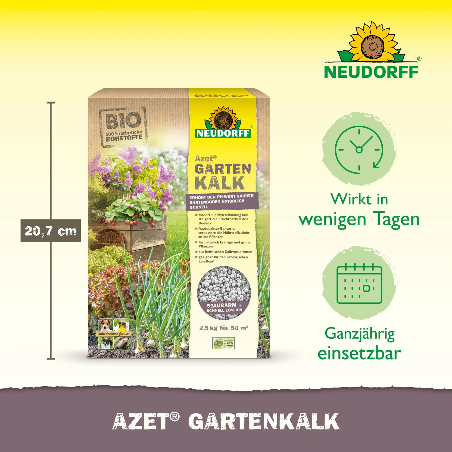 Neudorff Azet Gartenkalk+ 2,5 kg Packung. Braune Tüte mit Gartenmotiv, 20,7 cm. Neutralisiert Bodensäuren, wirkt schnell, ganzjährig einsetzbar.