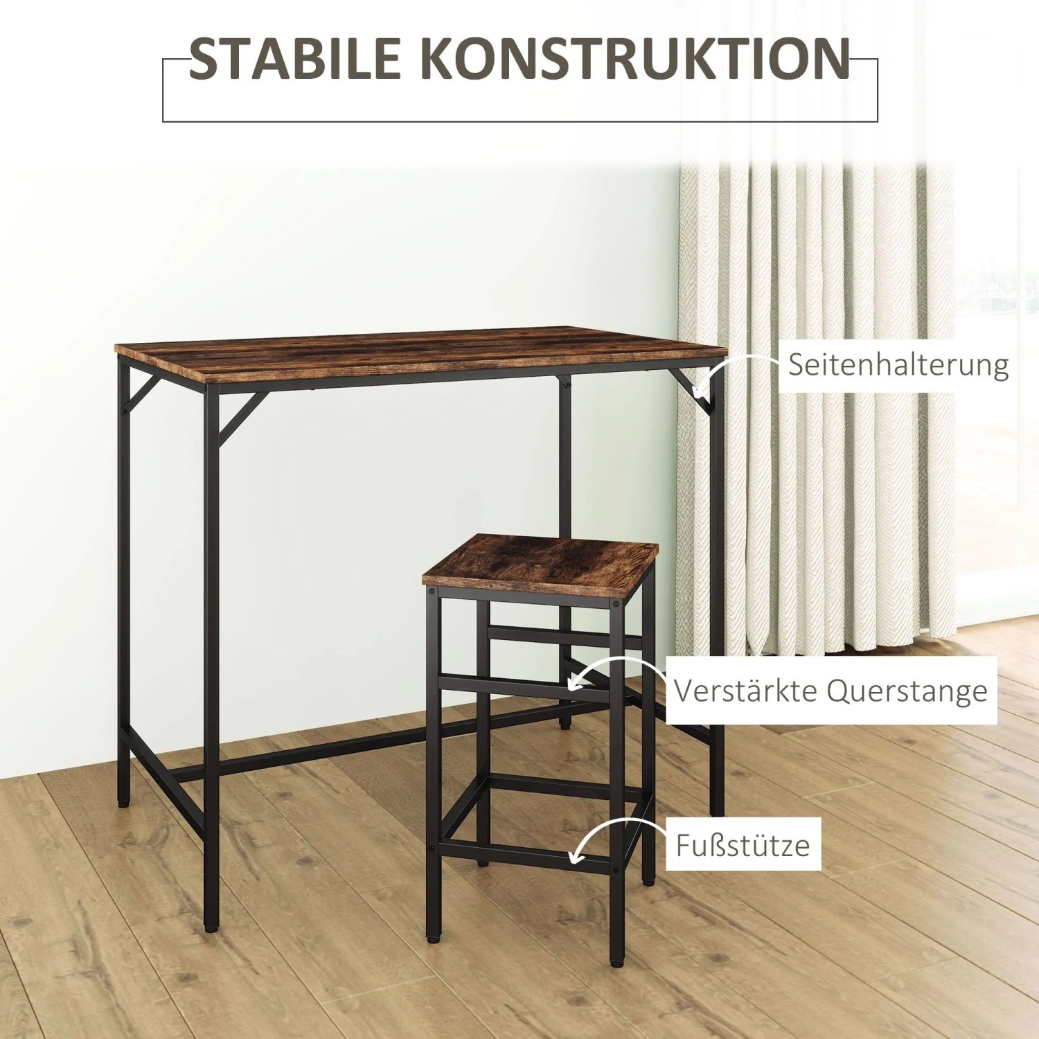 HOMCOM Bartisch-Set: Rustikal-brauner Tisch mit schwarzem Stahlgestell und passendem Barhocker. Stabil, industrieller Stil.