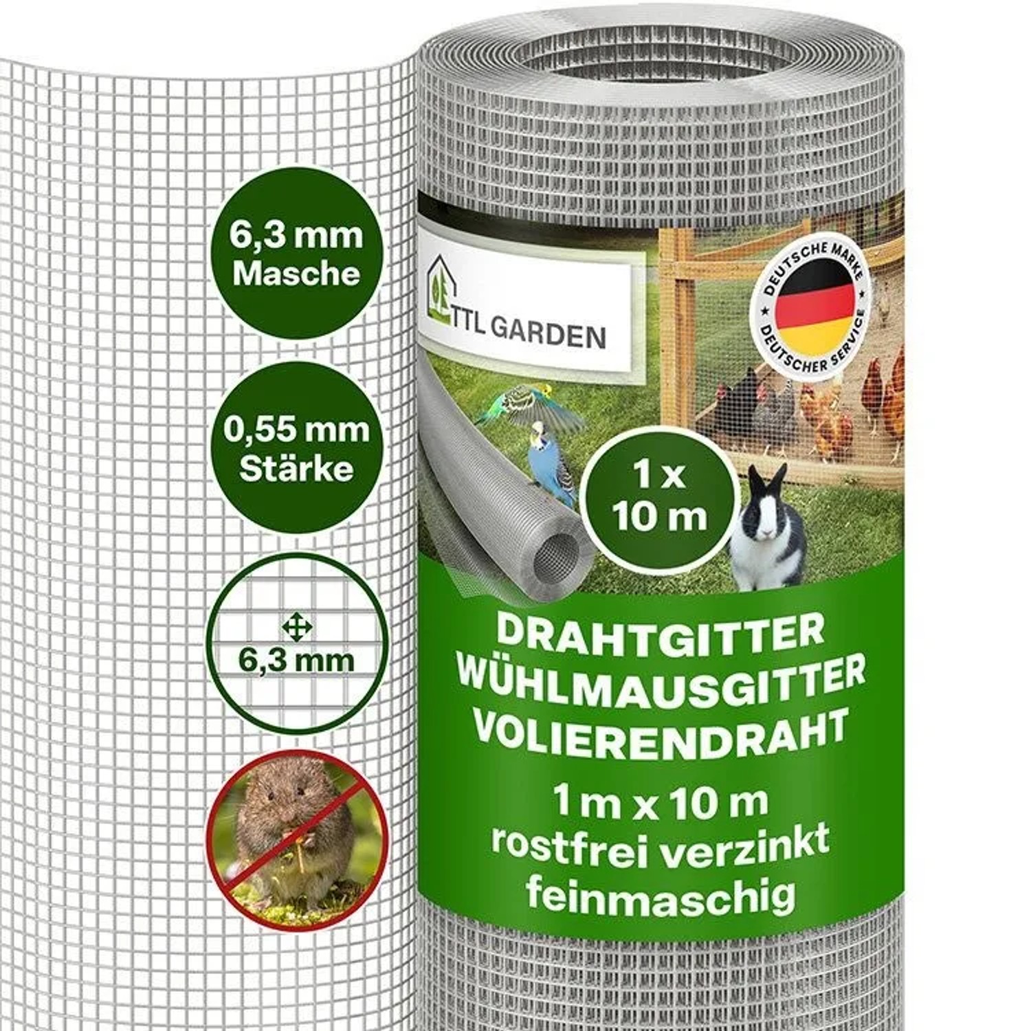 TTL GARDEN Drahtgitter 1m x 10m Rolle 6,3mm Masche Ø0,55mm Verzinkt Feinmaschig für Hochbeet Voliere Gartenzaun