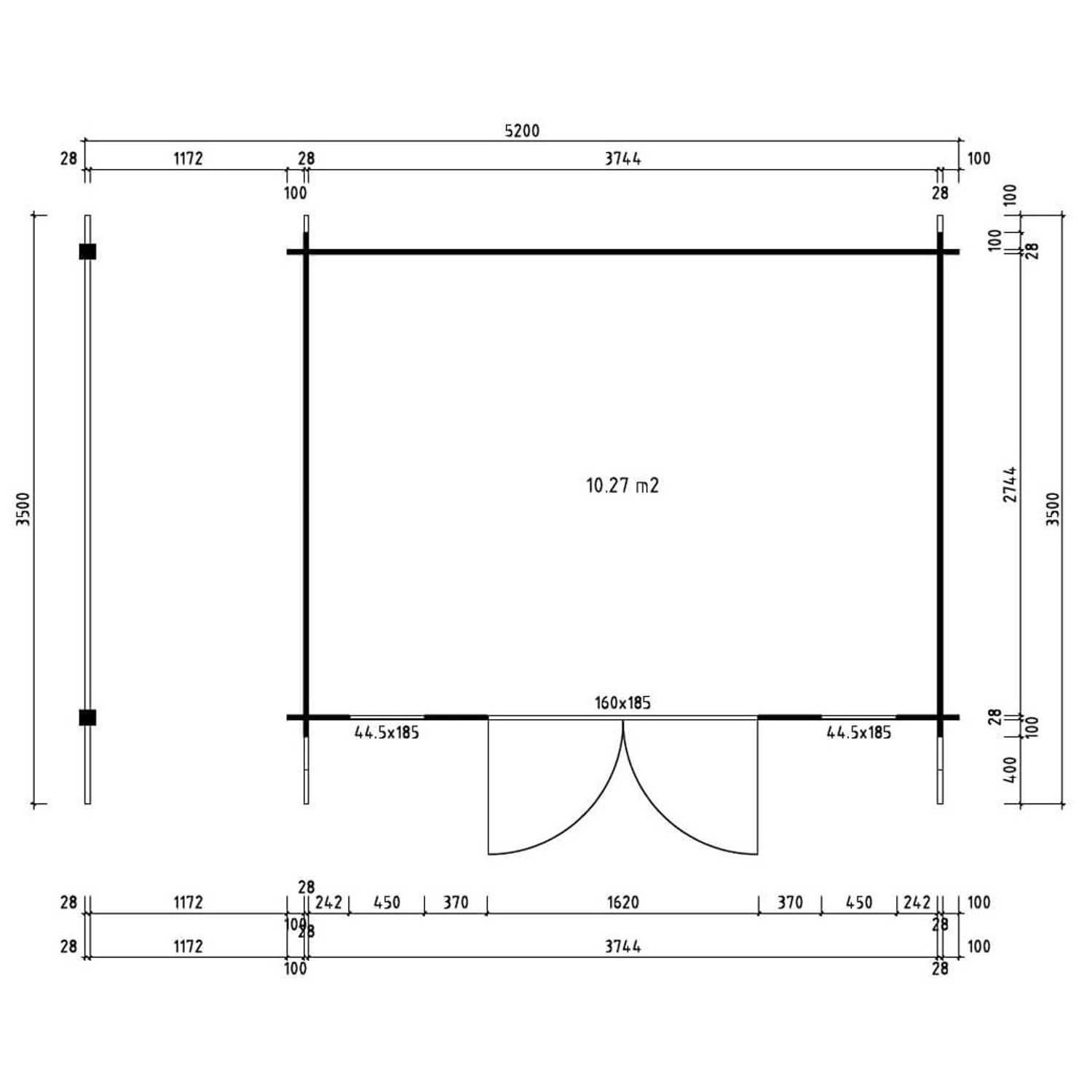 Grundrisszeichnung Alpholz Gartenhaus Mirko Modern, Satteldach, 520x350 cm, braun. Abmessungen und Details.