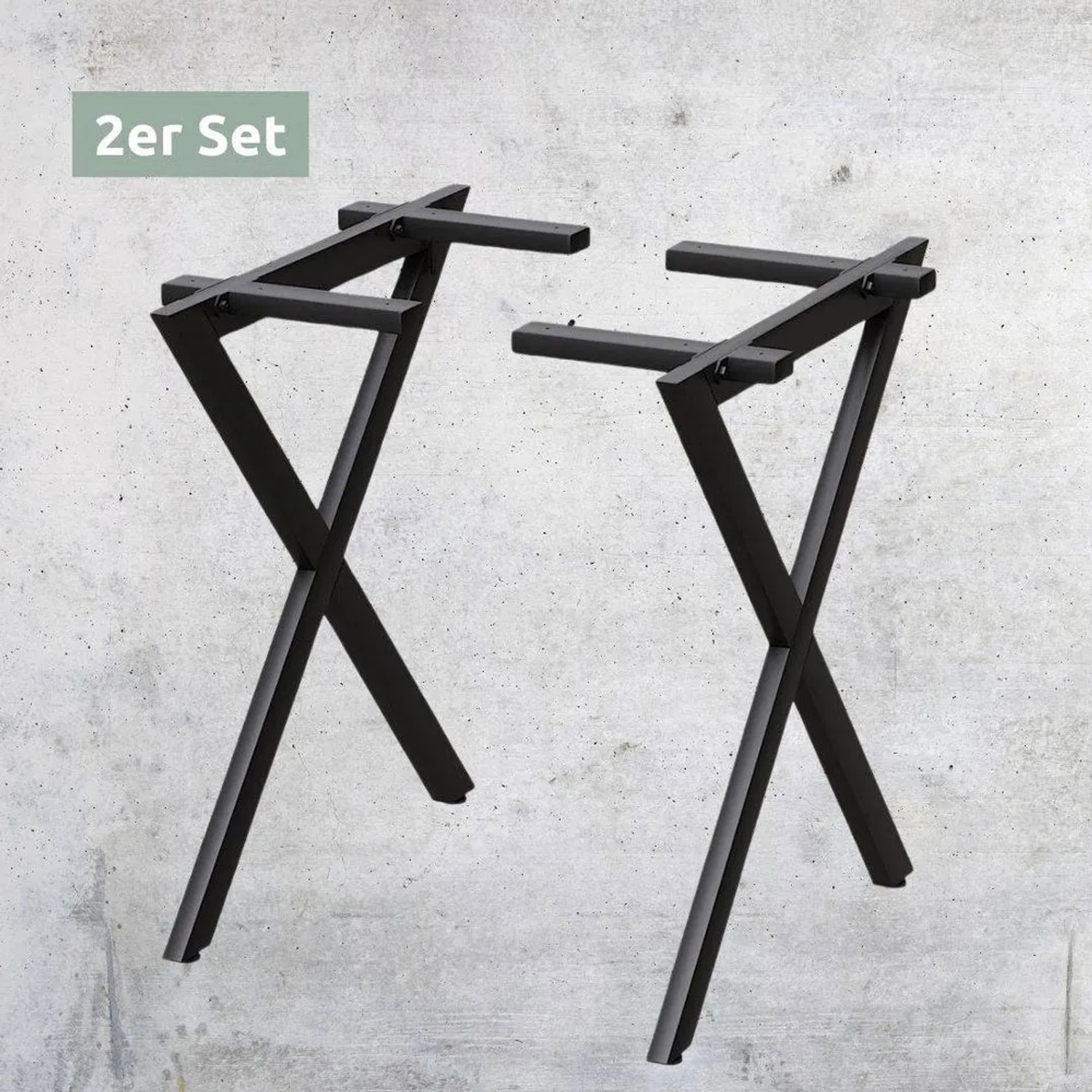 2er Set: Schwarze X-Struktur Tischgestelle aus Metall mit Querbalken für Esstische.