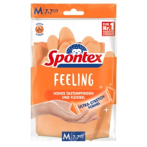 Spontex Feeling Haushaltshandschuhe Gr. 7-7,5 aus Naturkautschuk, verpackt.