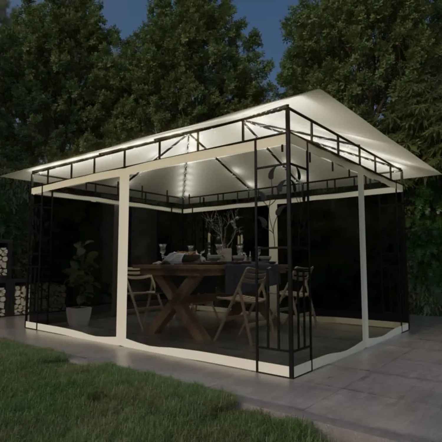 Cremeweißer vidaXL Pavillon 4x3m mit Moskitonetz und LED-Lichterkette im Garten.