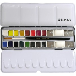 Lukas Aquarellfarben-Set mit 16 Farben, Pinsel und Mischpalette im Metallkasten.