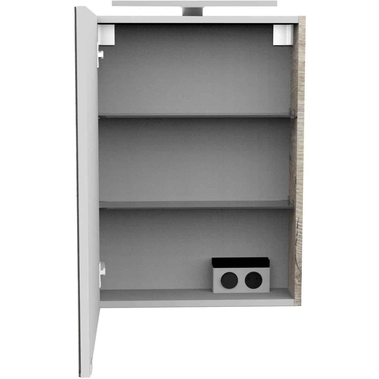 Offener Fackelmann Spiegelschrank SBC Eiche Natur 50cm mit zwei Einlegeböden.