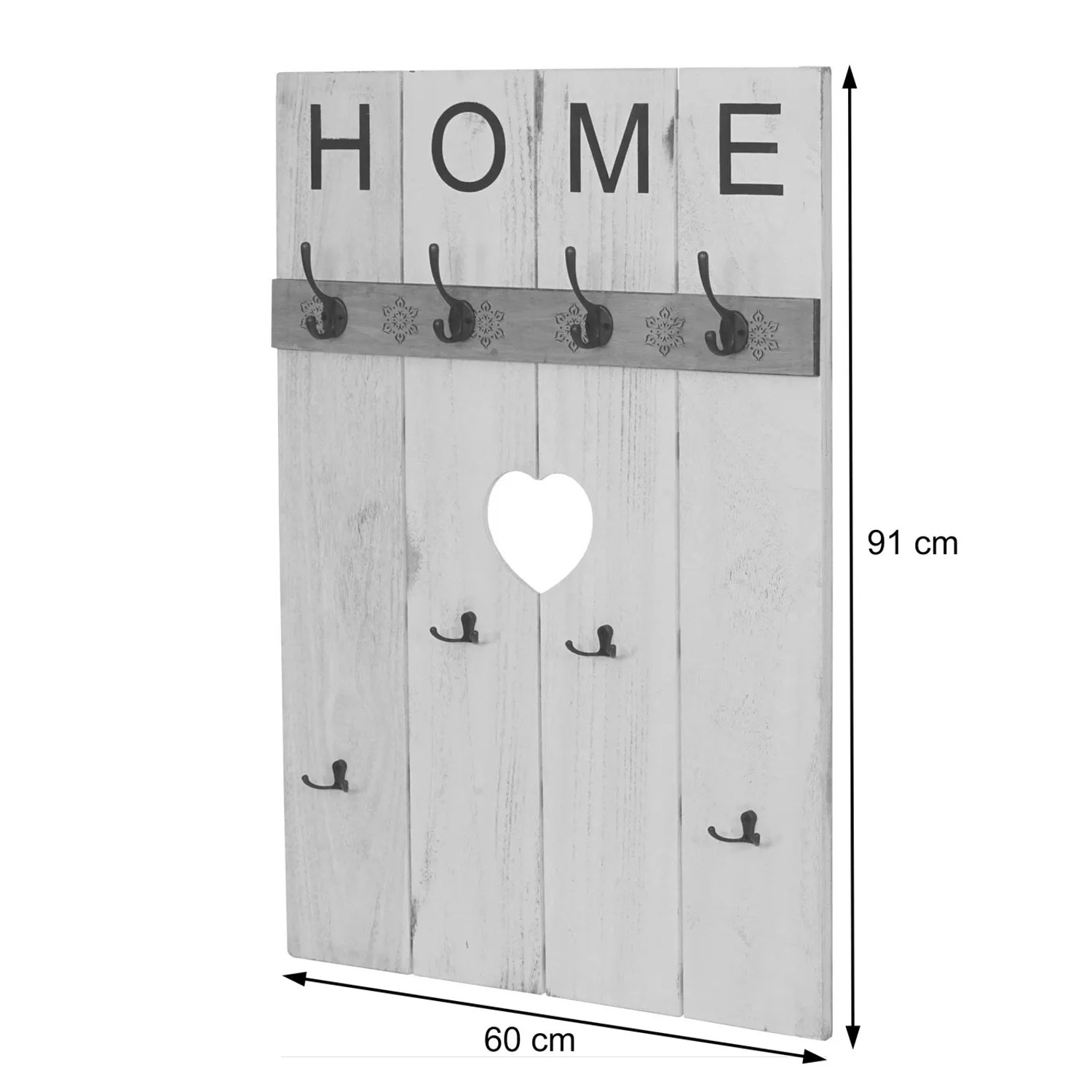 Weiße MCW Wandgarderobe im Shabby-Look mit 8 Haken und Herz-Ausschnitt.