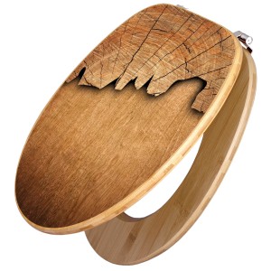 Banjado WC-Sitz aus Bambus mit Baumscheiben-Motiv und Universal-Scharnieren.