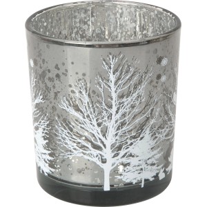 Mehrfarbiges Teelicht-Glas mit Baum-Motiv, Ø 7 cm, festliche Weihnachtsdekoration.