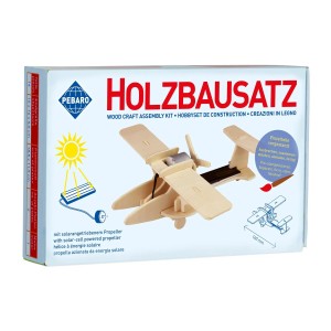 Pebaro Solar-Bausatz Sportflugzeug aus Holz mit Motor auf der Verpackung.