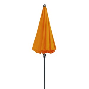 Geschlossener, orangefarbener Doppler Balkonschirm Sunline Ø 150 cm mit Knickfunktion.